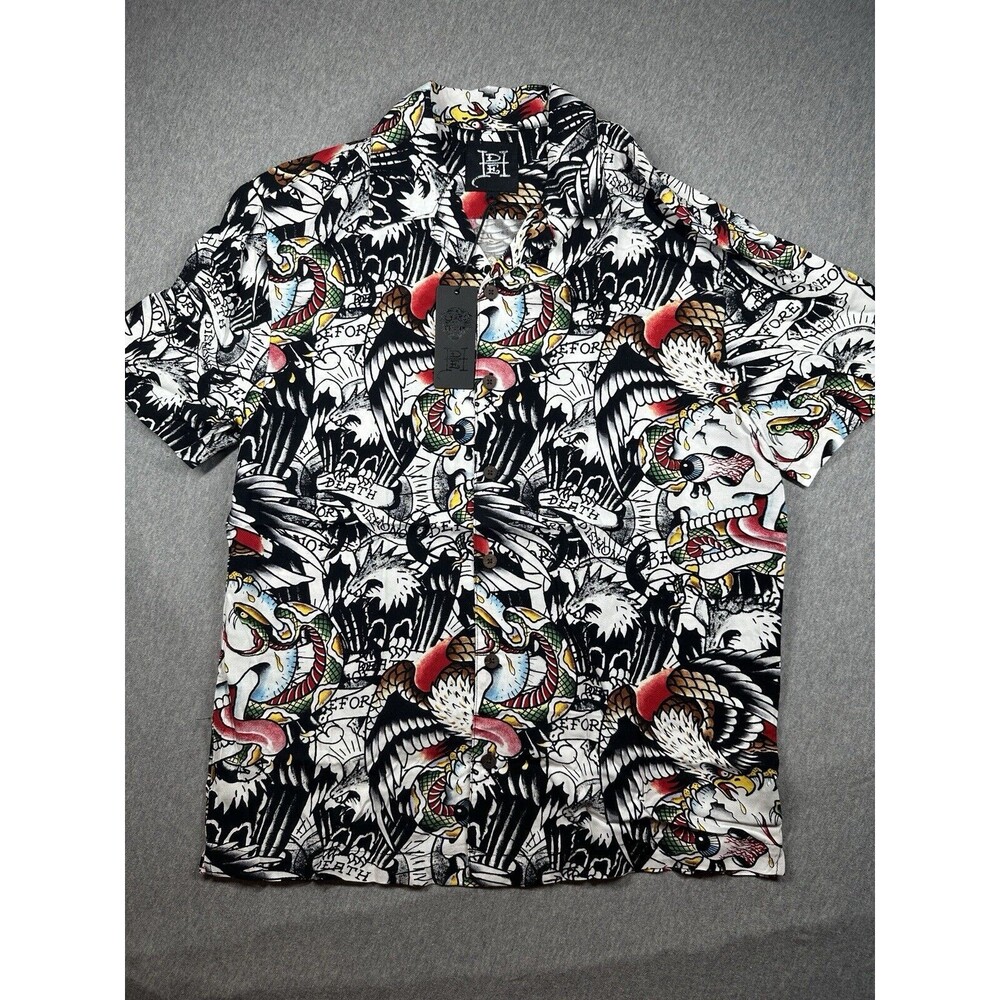ED HARDY Men’s TATTOO DEATH BEFORE DISHONOR BUTTON UP SHORT SLEEVE SHIRT SIZE S